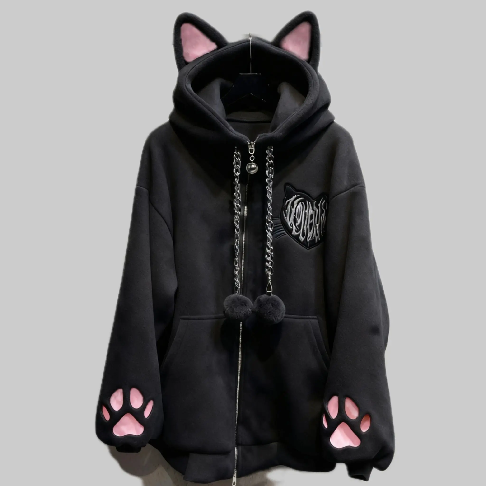 Aksamitna bluza z kapturem z kocimi uszami i pazurkami punk Tt 1