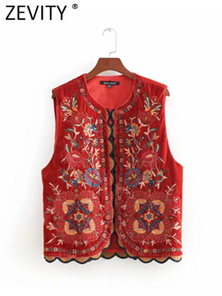 Aksamitna kamizelka damska z haftem i cekinami w stylu boho Czerwony