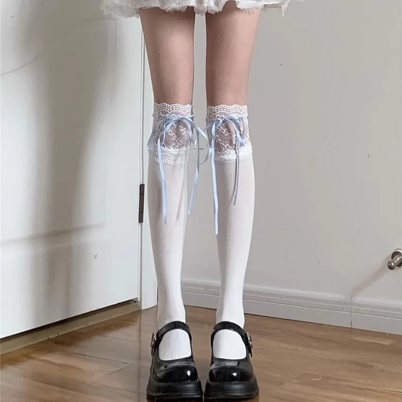 Aksamitne podkolanówki Lolita z koronką i wstążką Czarny