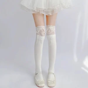 Aksamitne podkolanówki Lolita z koronką i wstążką Niebieski