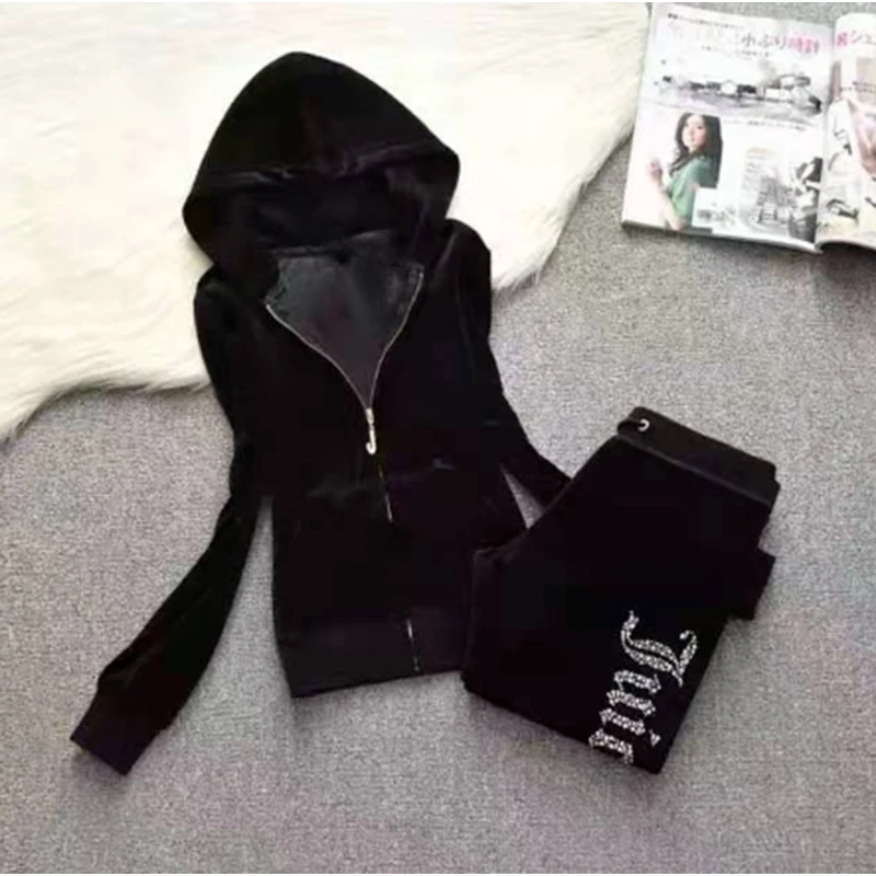 Aksamitny dres damski z kryształkami Y2K: bluza i spodnie Czarny