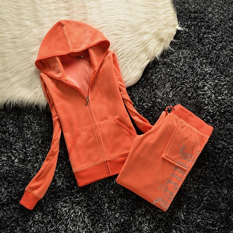 Aksamitny dres damski z kryształkami Y2K: bluza i spodnie Pomarańczowy