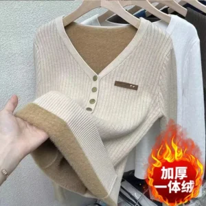Aksamitny sweter damski z dekoltem w serek Khaki