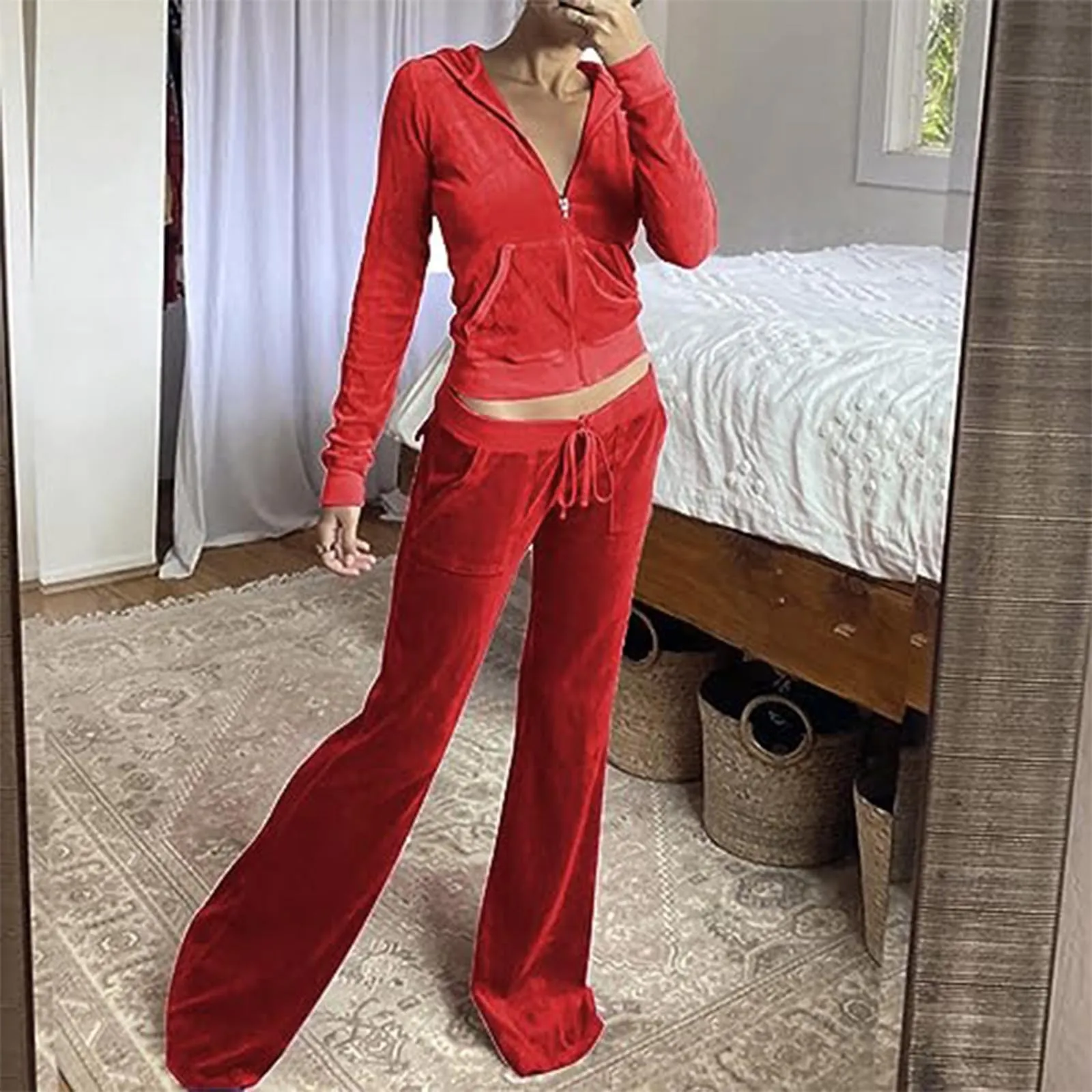 Aksamitny welurowy dres damski z kapturem — bluza i szerokie spodnie Khaki