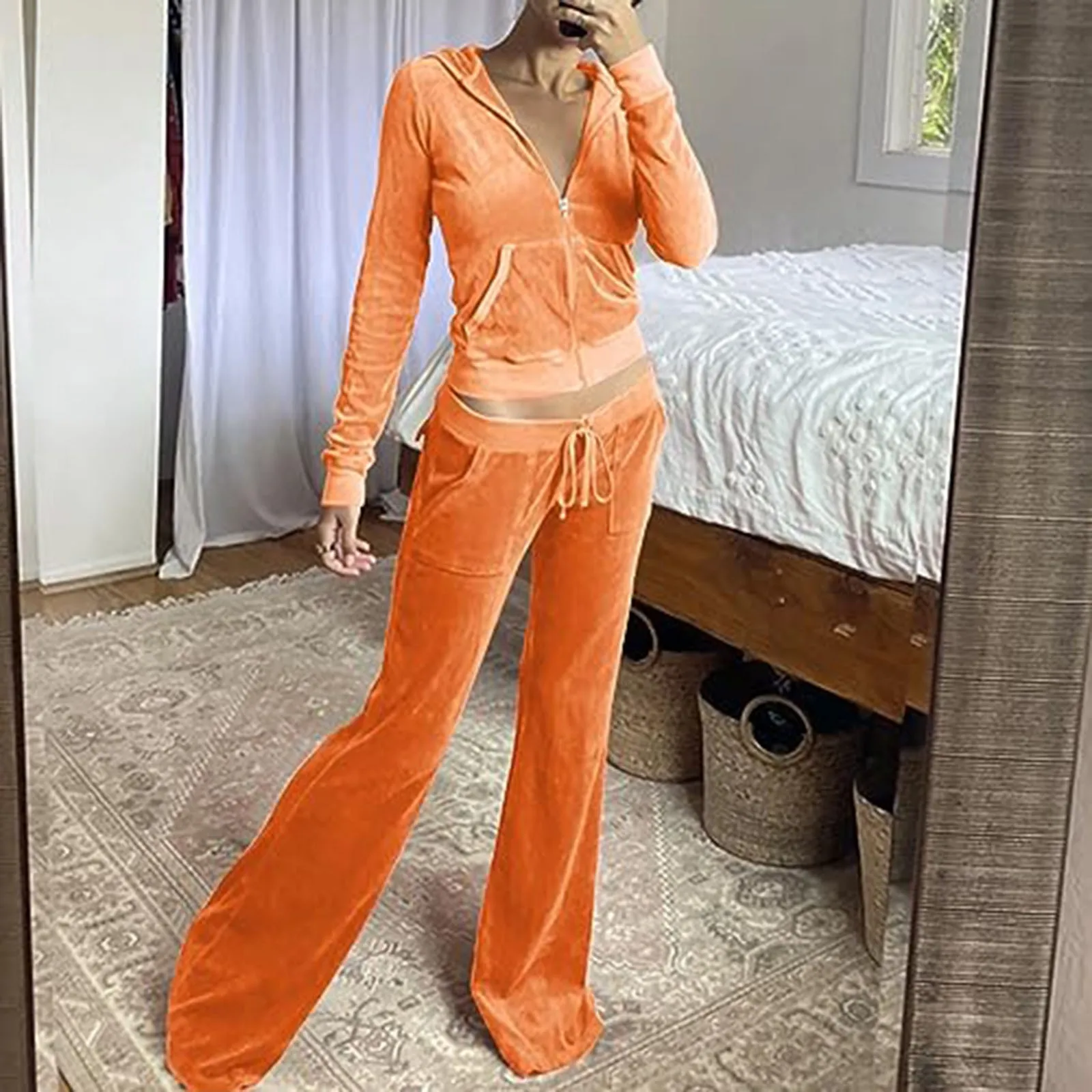 Aksamitny welurowy dres damski z kapturem — bluza i szerokie spodnie Pomarańczowy