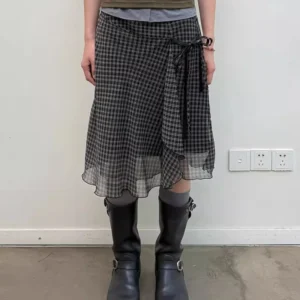 Asymetryczna spódnica midi z siateczki w kratę Y2K Harajuku Czarny