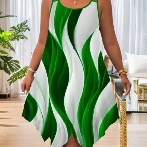 Asymetryczna sukienka plus size z geometrycznym wzorem i podwójnym paskiem Zielony