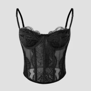 Ażurowy koronkowy gorset bustier bez rękawów Czarny