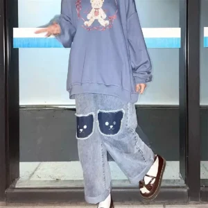 Baggy jeansy damskie harajuku high waist z misiem hip hop Niebieski