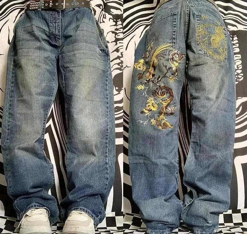 Baggy jeansy Y2K z haftem Harajuku — szerokie spodnie streetwear Mięta