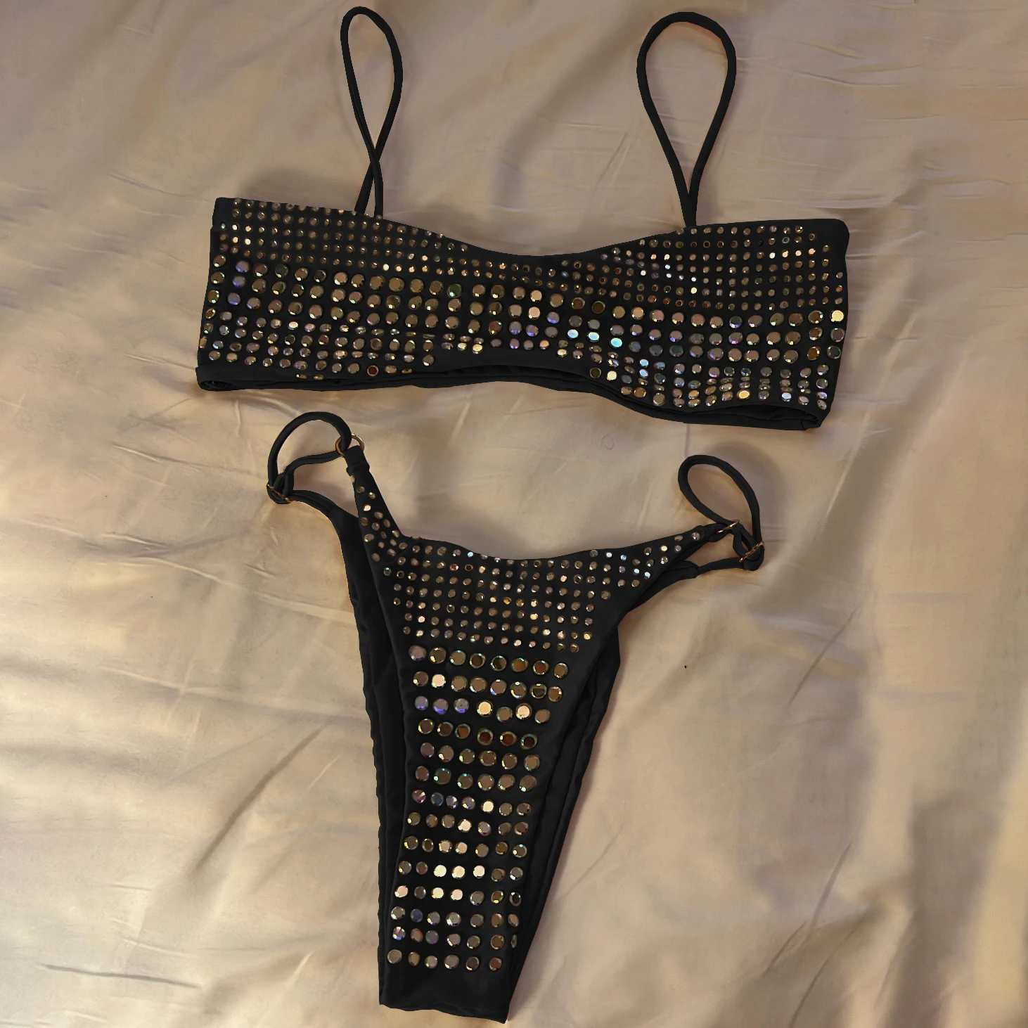 Bandeau bikini z diamentową ozdobą błyszczące push-up Czarny