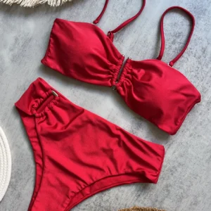 Bandeau bikini push-up brazylijskie stringi — jednolite kolory Brązowy