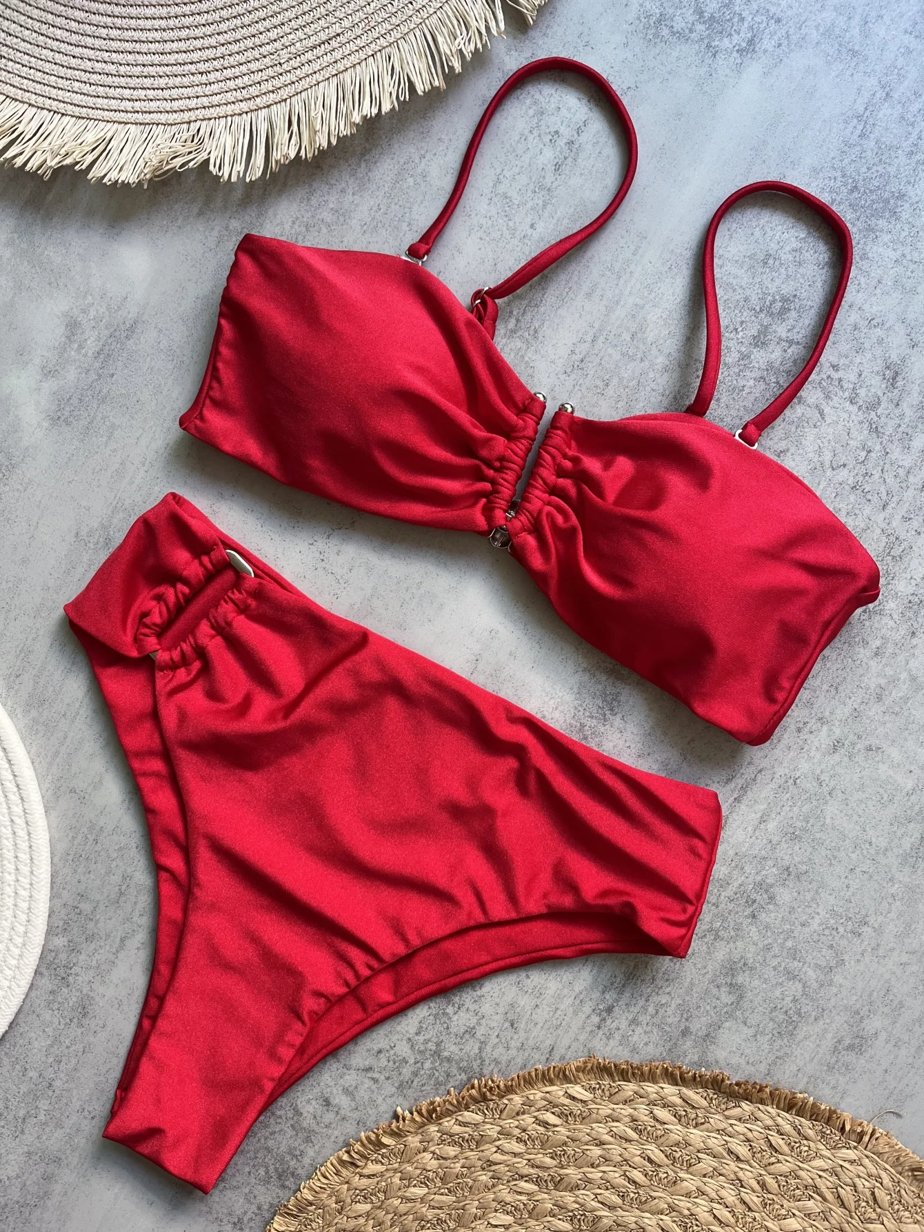 Bandeau bikini push-up brazylijskie stringi — jednolite kolory Brązowy