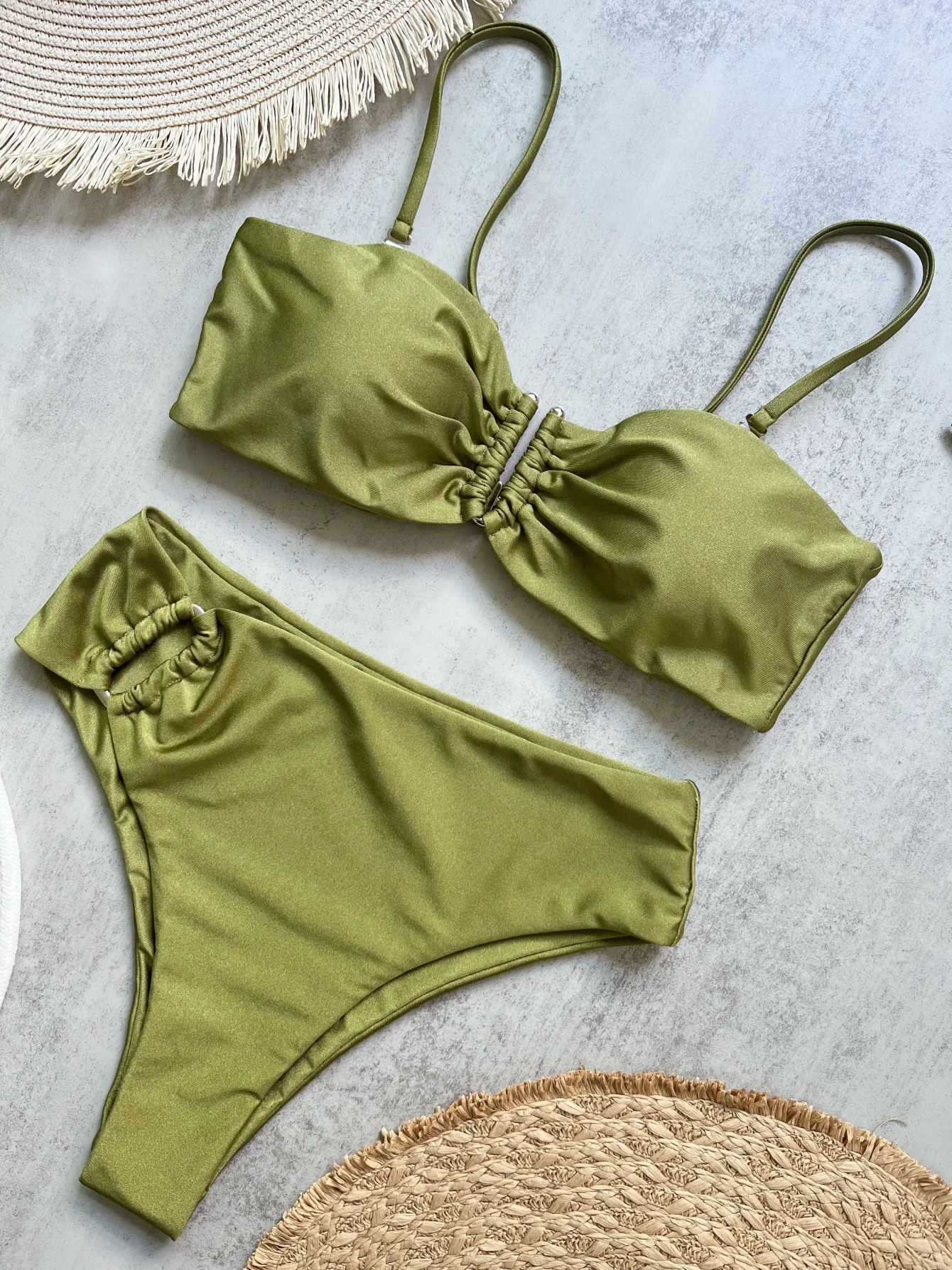 Bandeau bikini push-up brazylijskie stringi — jednolite kolory Niebieski