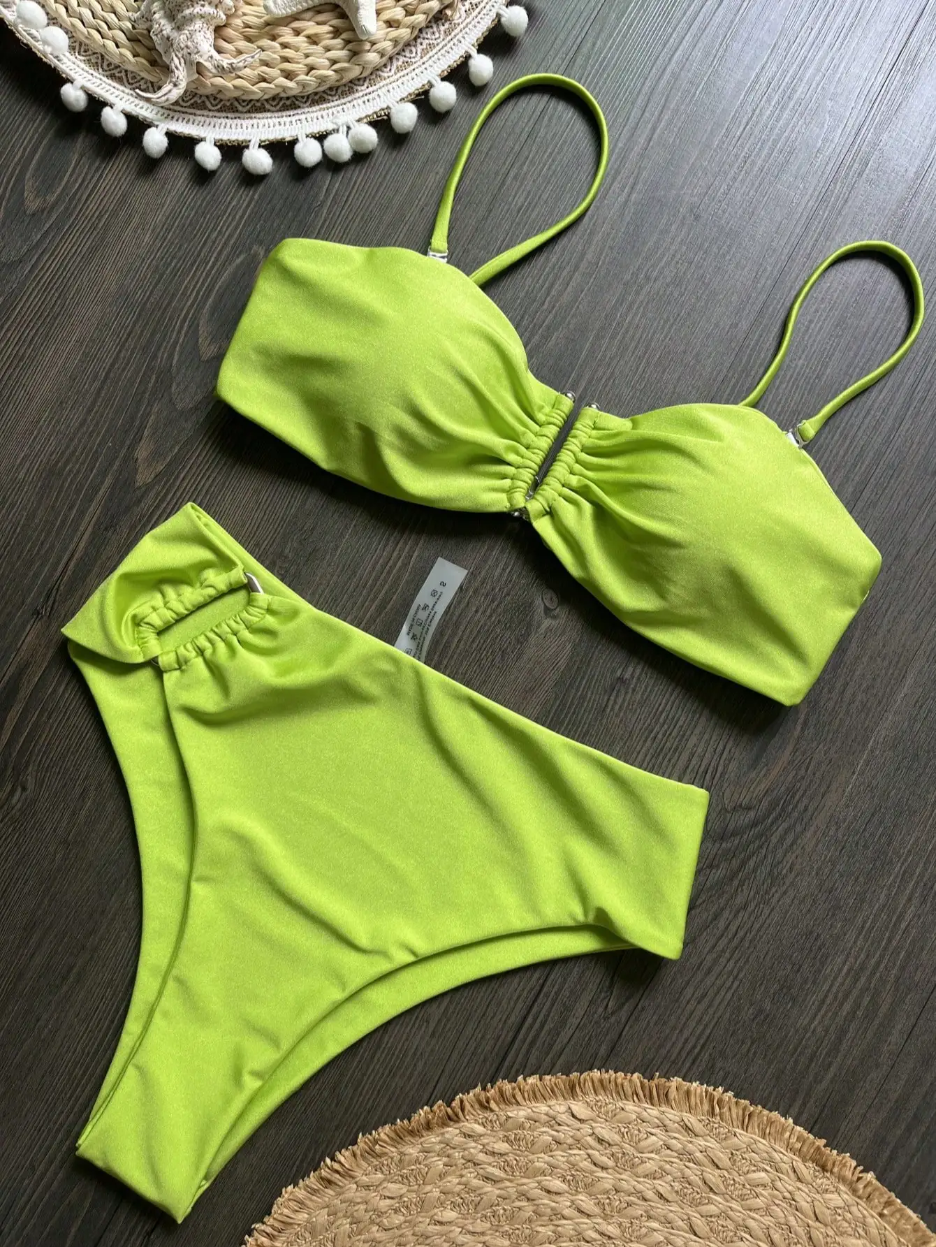 Bandeau bikini push-up brazylijskie stringi — jednolite kolory Zielony fluorescencyjny