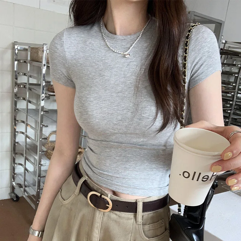 Basic crop top obcisły z krótkim rękawem i okrągłym dekoltem Szary