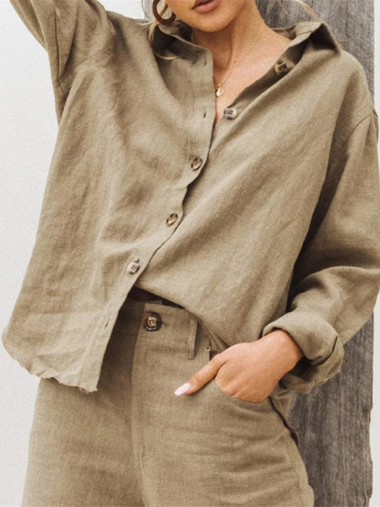 Bawełniana bluzka z lnem i długim rękawem na guziki — styl vintage Khaki