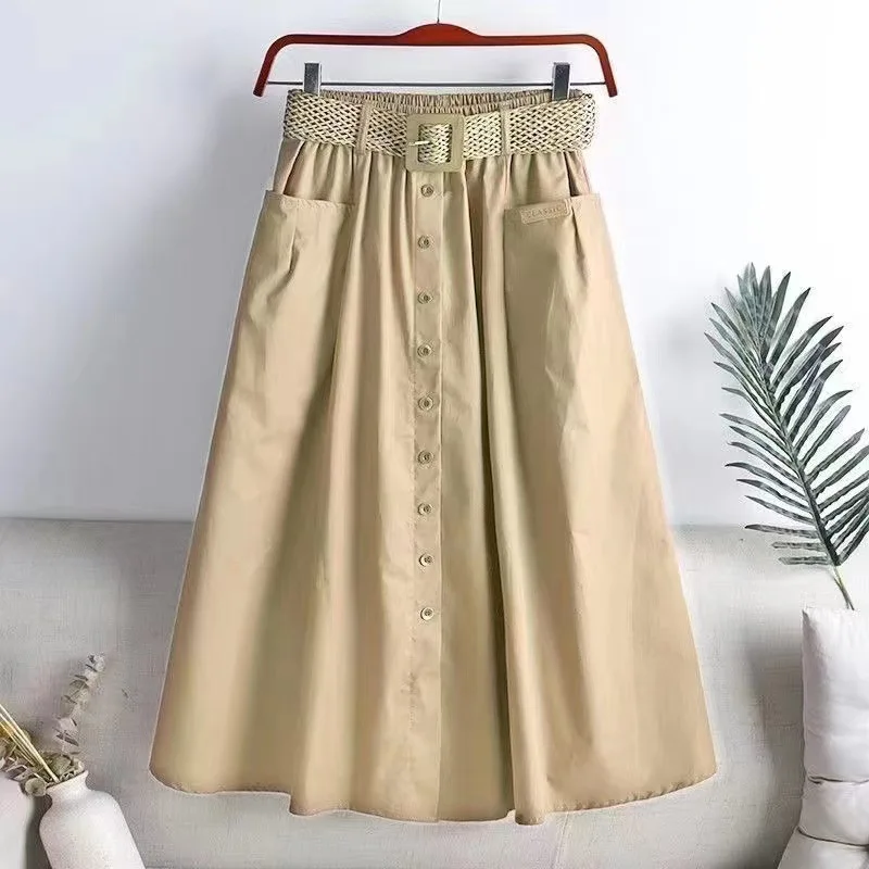 Bawełniana spódnica trapezowa z paskiem plus size Beżowy