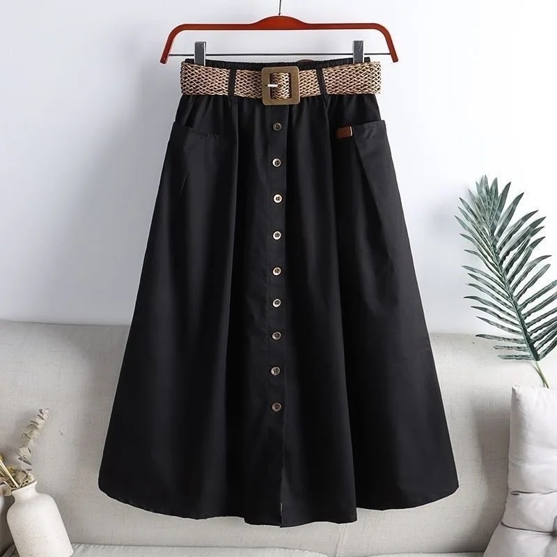 Bawełniana spódnica trapezowa z paskiem plus size Niebieski