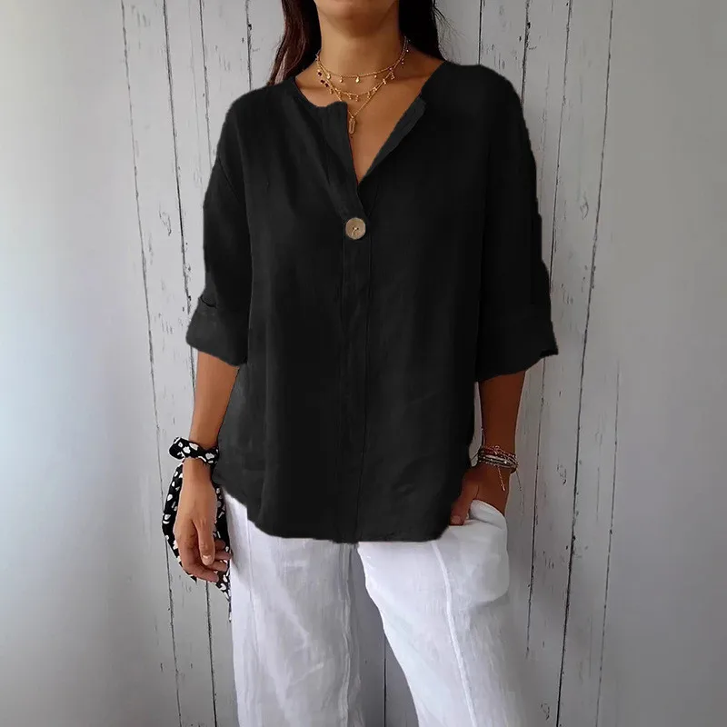 Bawełniano-lniana bluzka damska z dekoltem plus size letnia Beżowy