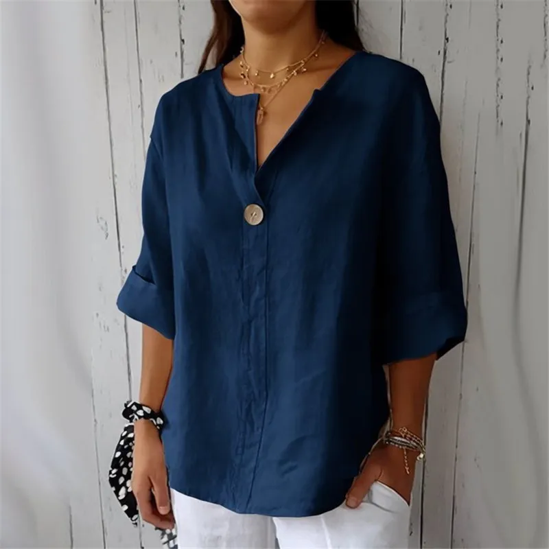 Bawełniano-lniana bluzka damska z dekoltem plus size letnia Brązowy