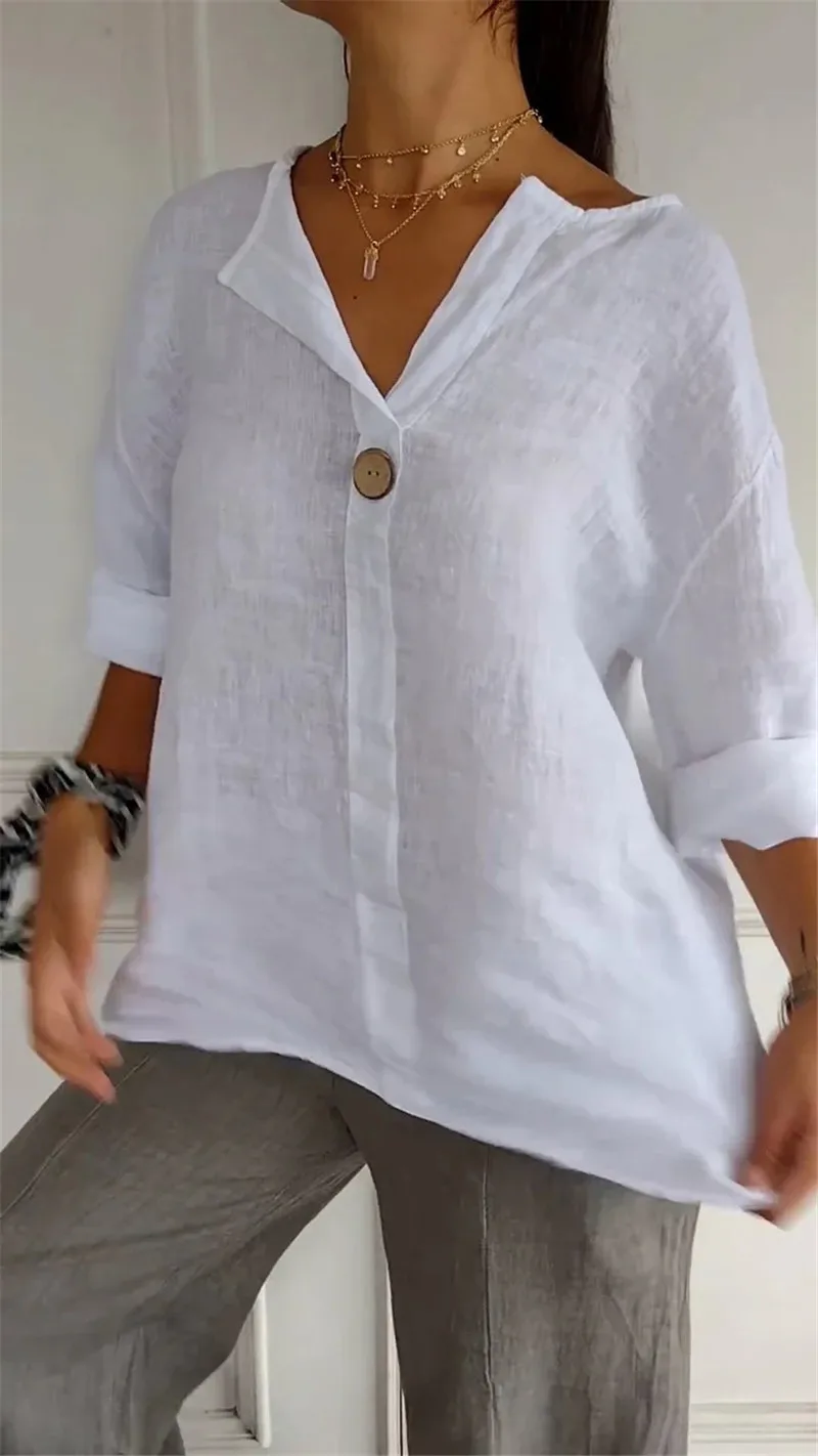 Bawełniano-lniana bluzka damska z dekoltem plus size letnia Czarny