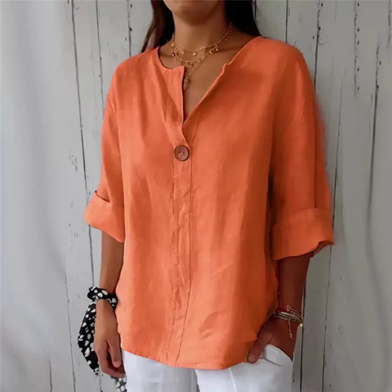 Bawełniano-lniana bluzka damska z dekoltem plus size letnia Niebieski