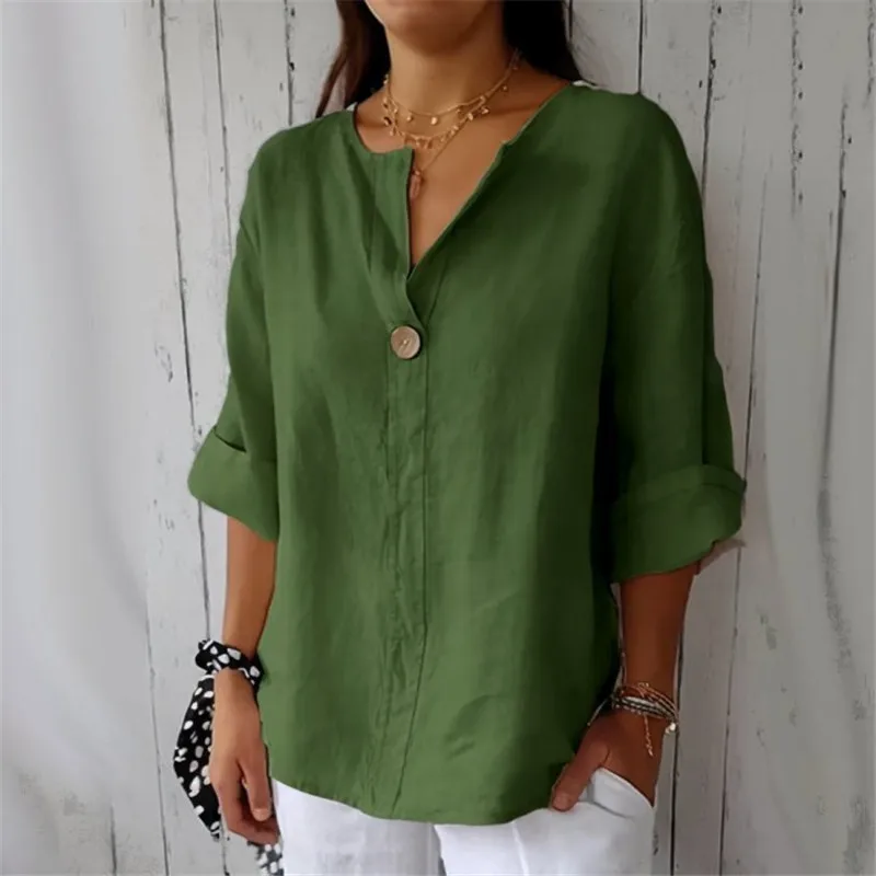 Bawełniano-lniana bluzka damska z dekoltem plus size letnia Szary