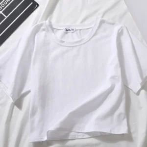 Bawełniany crop top damski z krótkim rękawem i okrągłym dekoltem Biały