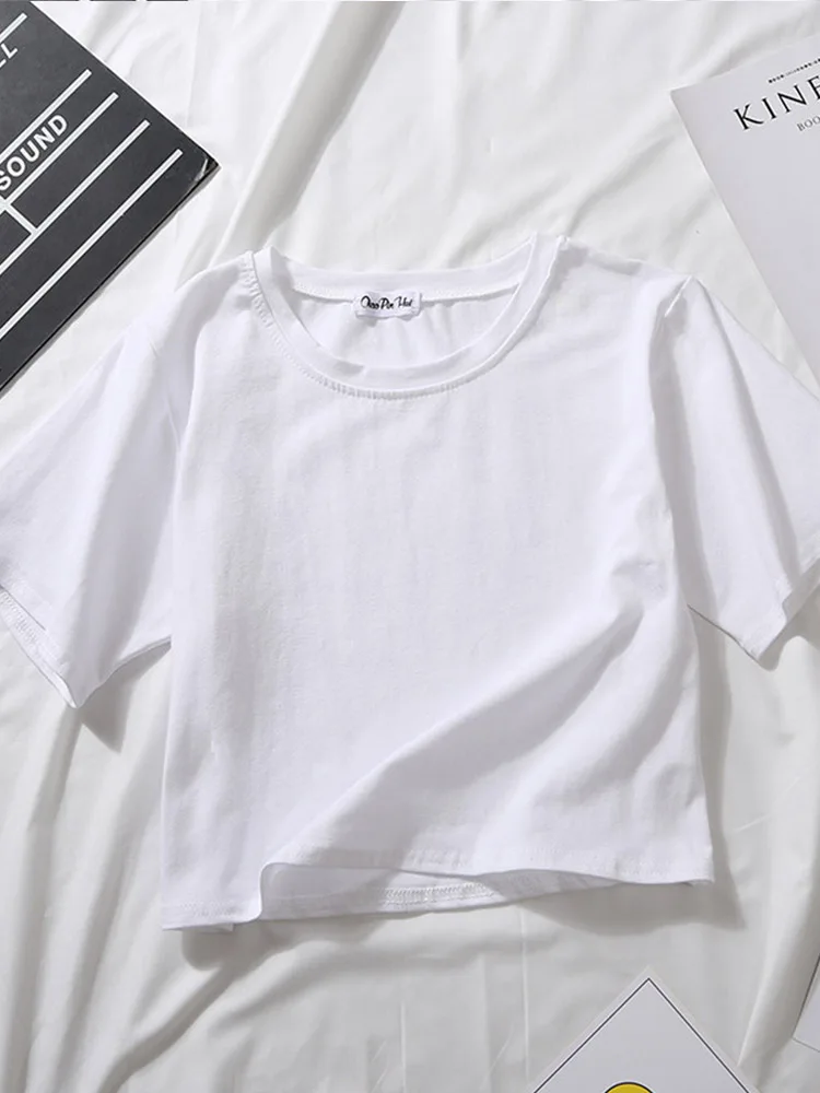 Bawełniany crop top damski z krótkim rękawem i okrągłym dekoltem Biały