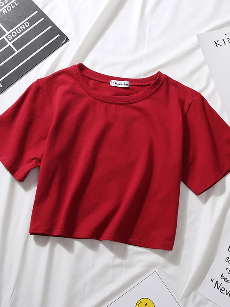 Bawełniany crop top damski z krótkim rękawem i okrągłym dekoltem Burgundia