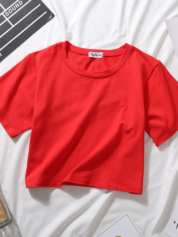 Bawełniany crop top damski z krótkim rękawem i okrągłym dekoltem Czerwony