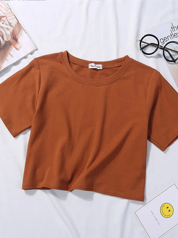 Bawełniany crop top damski z krótkim rękawem i okrągłym dekoltem Khaki
