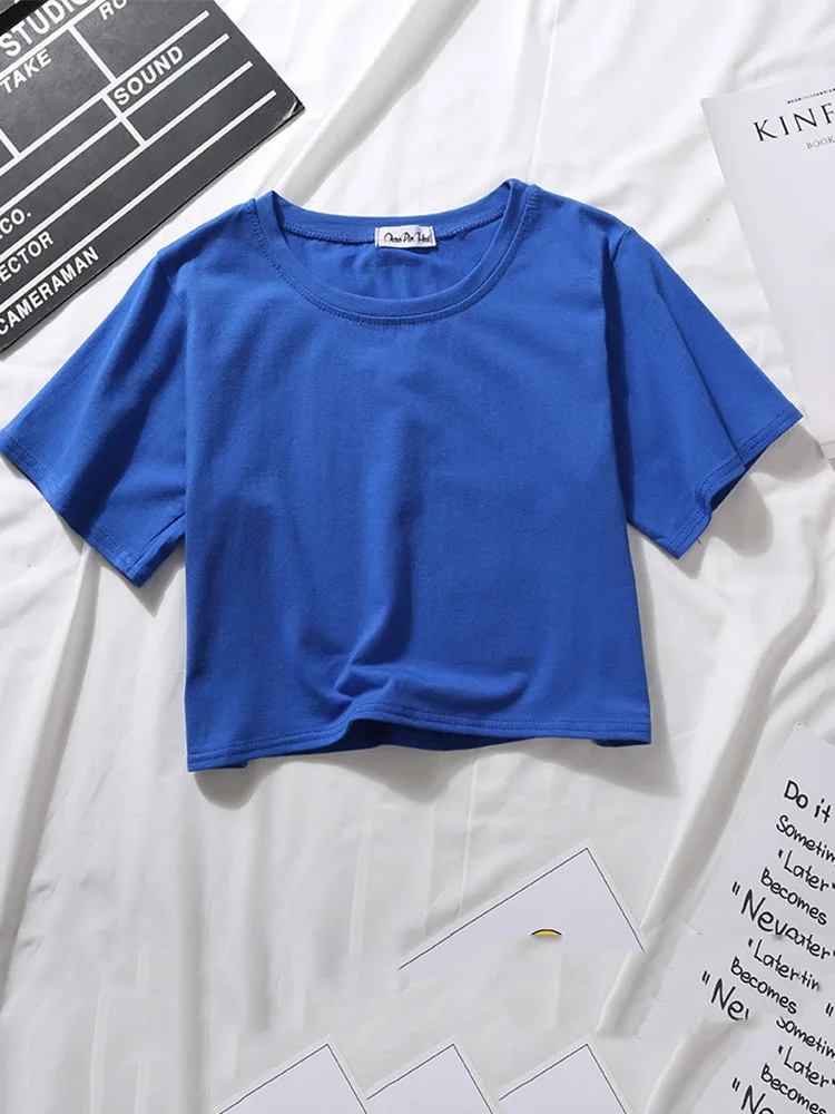Bawełniany crop top damski z krótkim rękawem i okrągłym dekoltem Niebieski