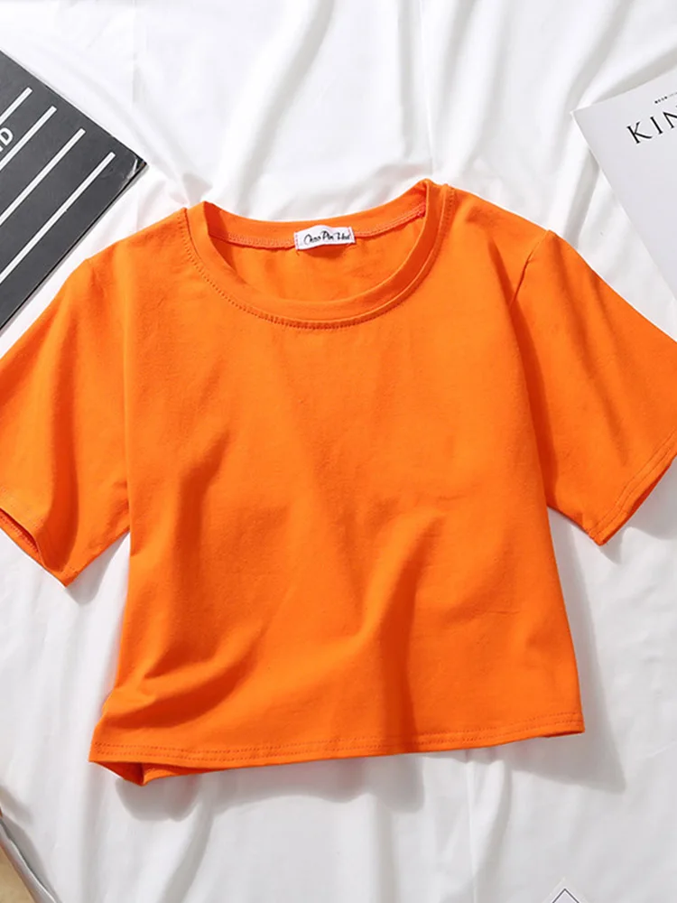 Bawełniany crop top damski z krótkim rękawem i okrągłym dekoltem Pomarańczowy