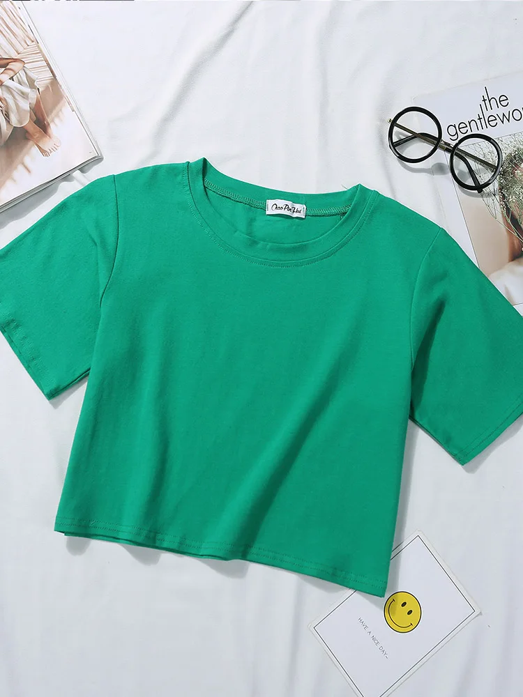 Bawełniany crop top damski z krótkim rękawem i okrągłym dekoltem Zielony