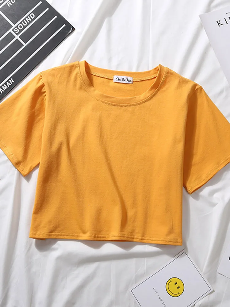 Bawełniany crop top damski z krótkim rękawem i okrągłym dekoltem żółty