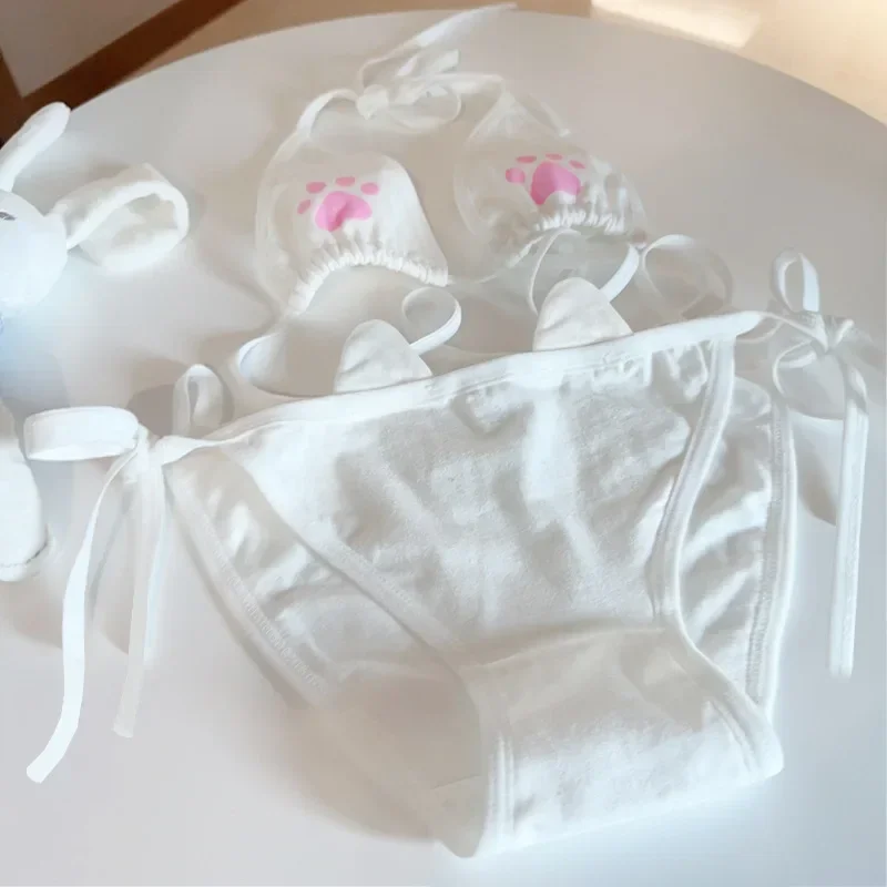 Bawełniany komplet bielizny w stylu kawaii z motywem kocich łapek Beżowy