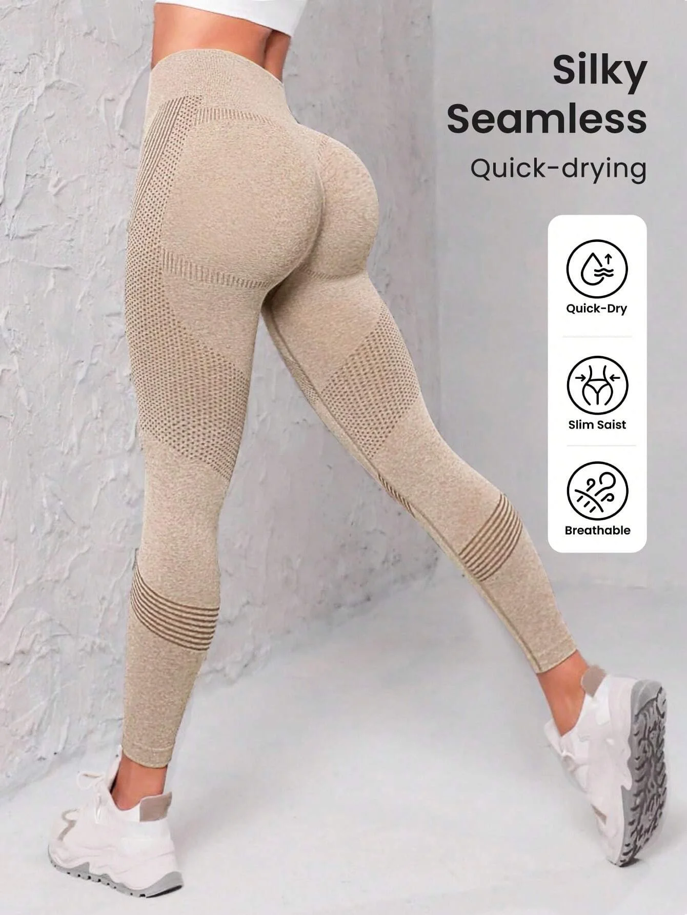 Bezszwowe legginsy sportowe z szerokim pasem damskie Khaki