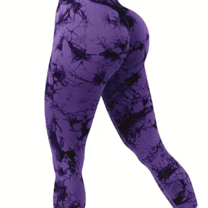 Bezszwowe legginsy sportowe damskie z wysokim stanem tie-dye Czarno fioletowy