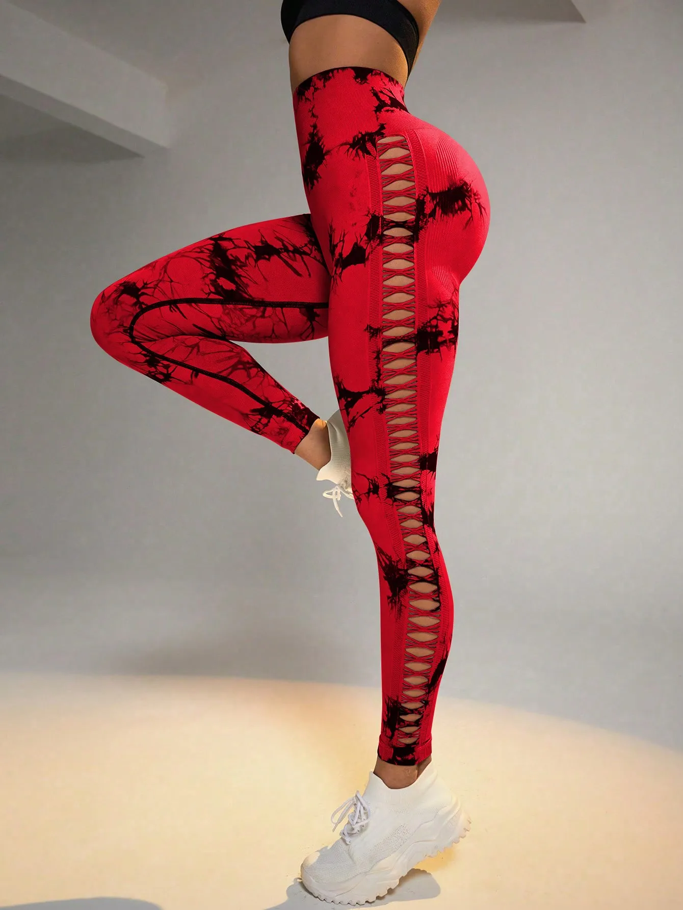 Bezszwowe legginsy tie-dye Push Up z boczną siateczką damskie Czerwony