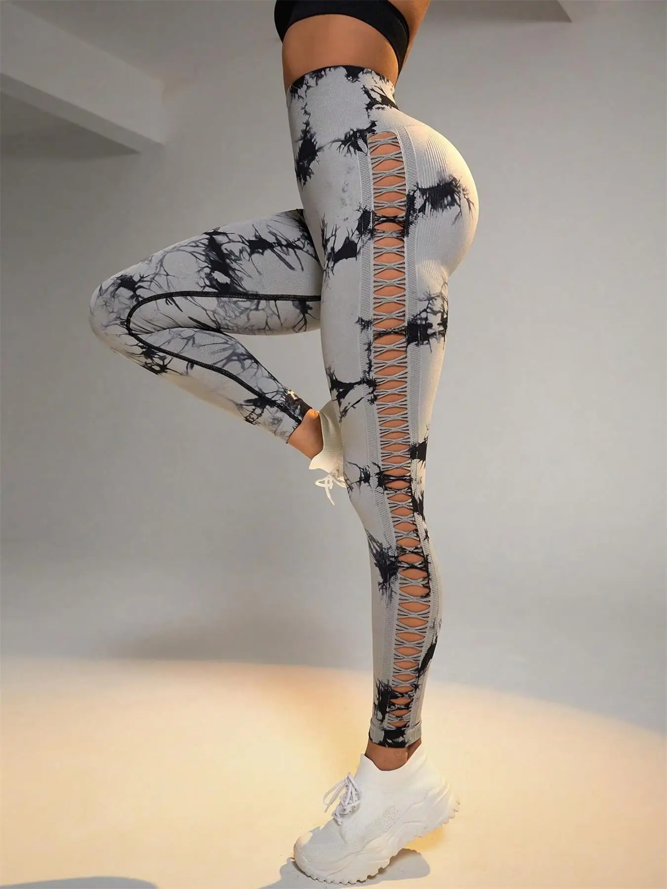Bezszwowe legginsy tie-dye Push Up z boczną siateczką damskie Srebrny