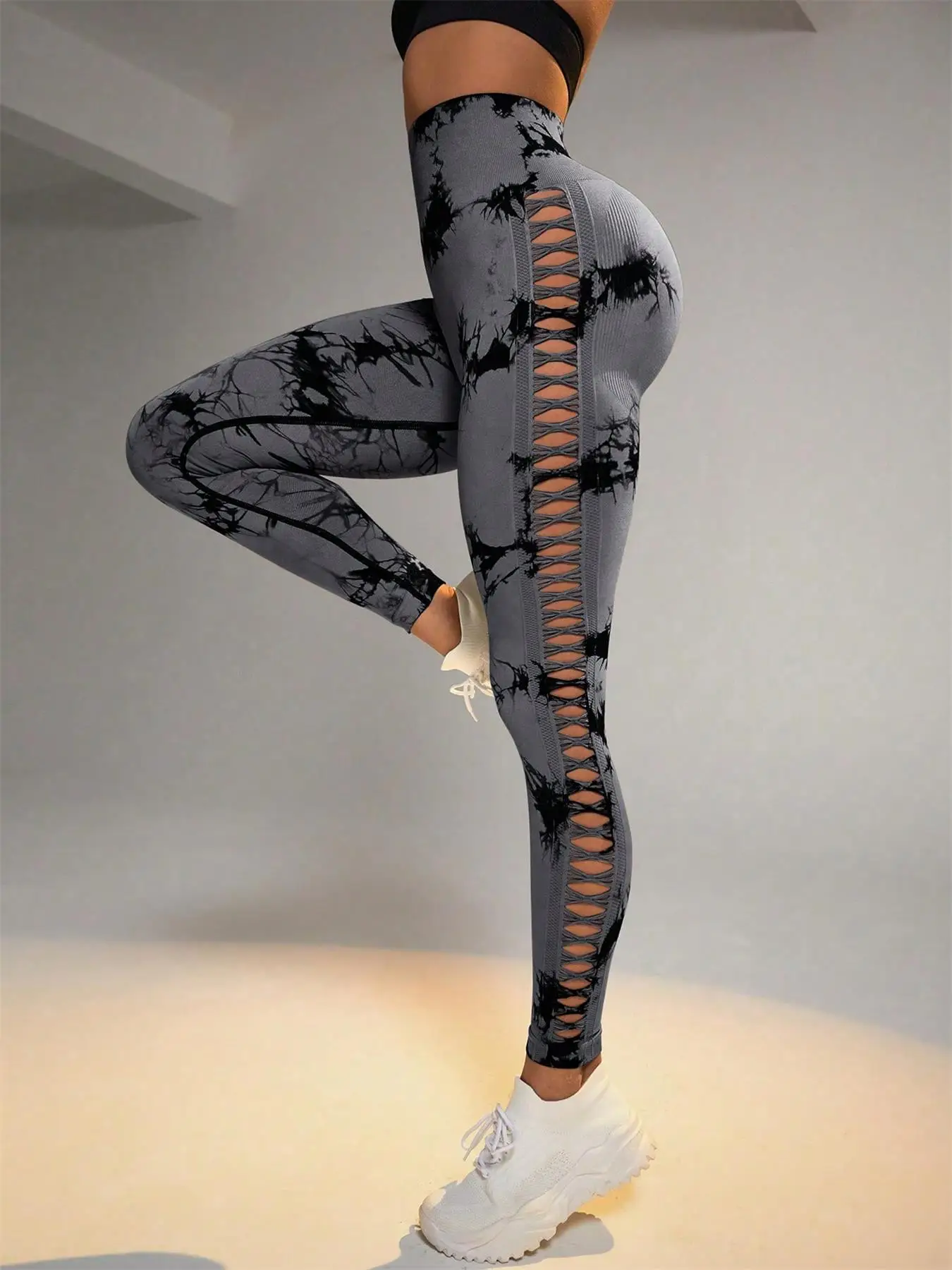 Bezszwowe legginsy tie-dye Push Up z boczną siateczką damskie Szary