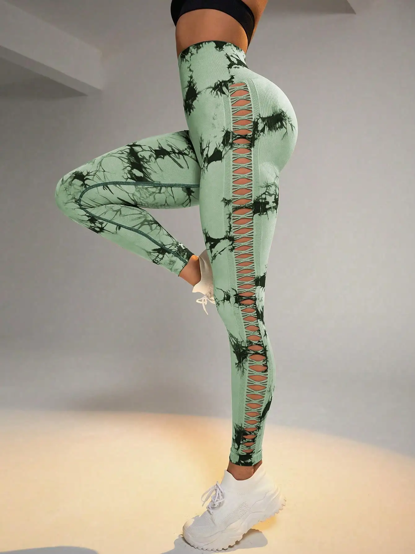 Bezszwowe legginsy tie-dye Push Up z boczną siateczką damskie Zielony