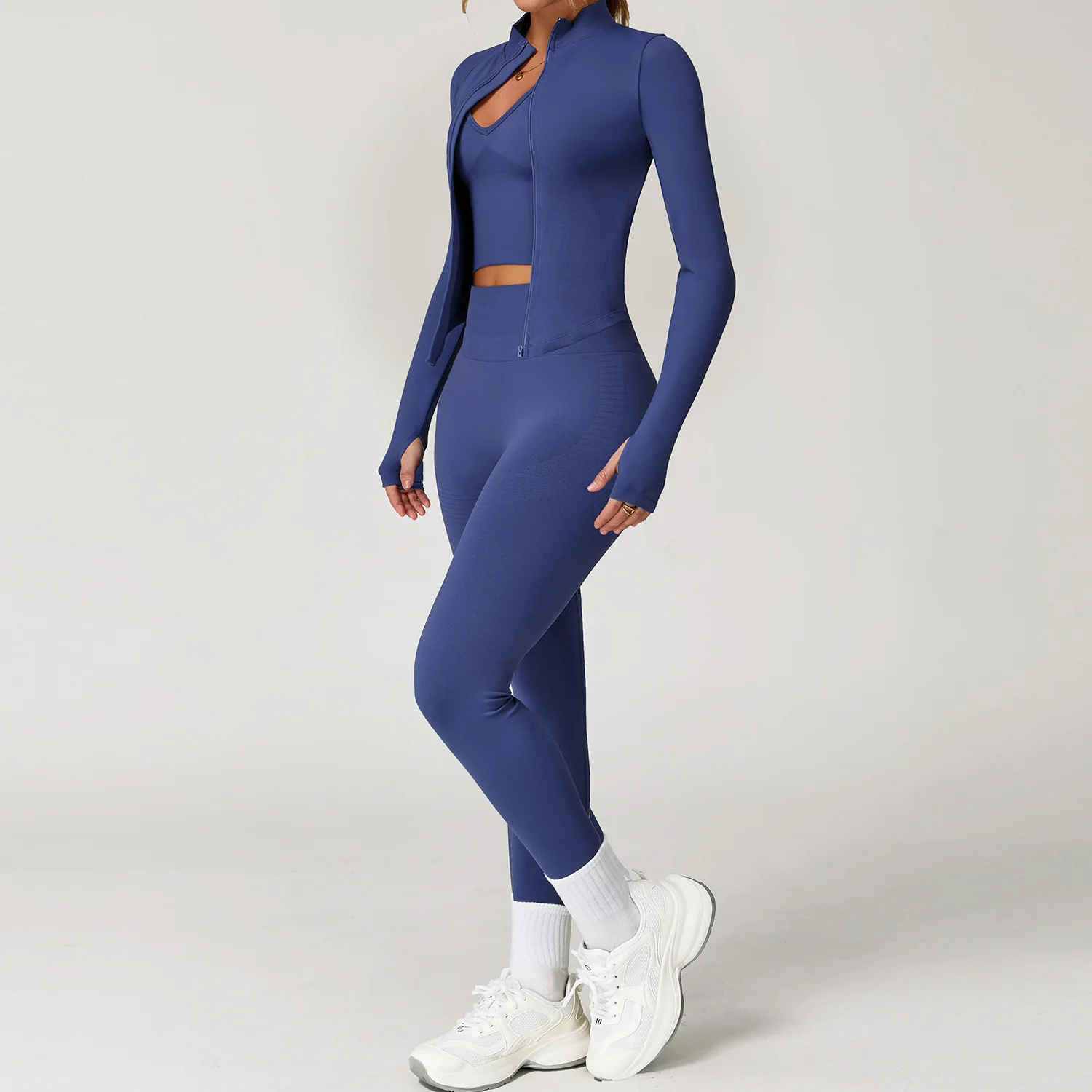 Bezszwowy zestaw do jogi i fitnessu — legginsy, stanik i bluza sportowa Jasnożółty