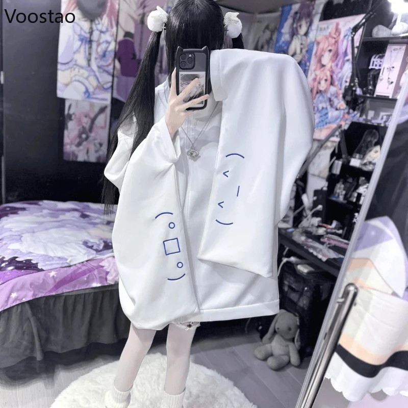 Biała bluza z kapturem Y2K kawaii z haftem oversizowa Biały