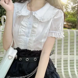 Biała koronkowa bluzka Lolita z falbankami Biały