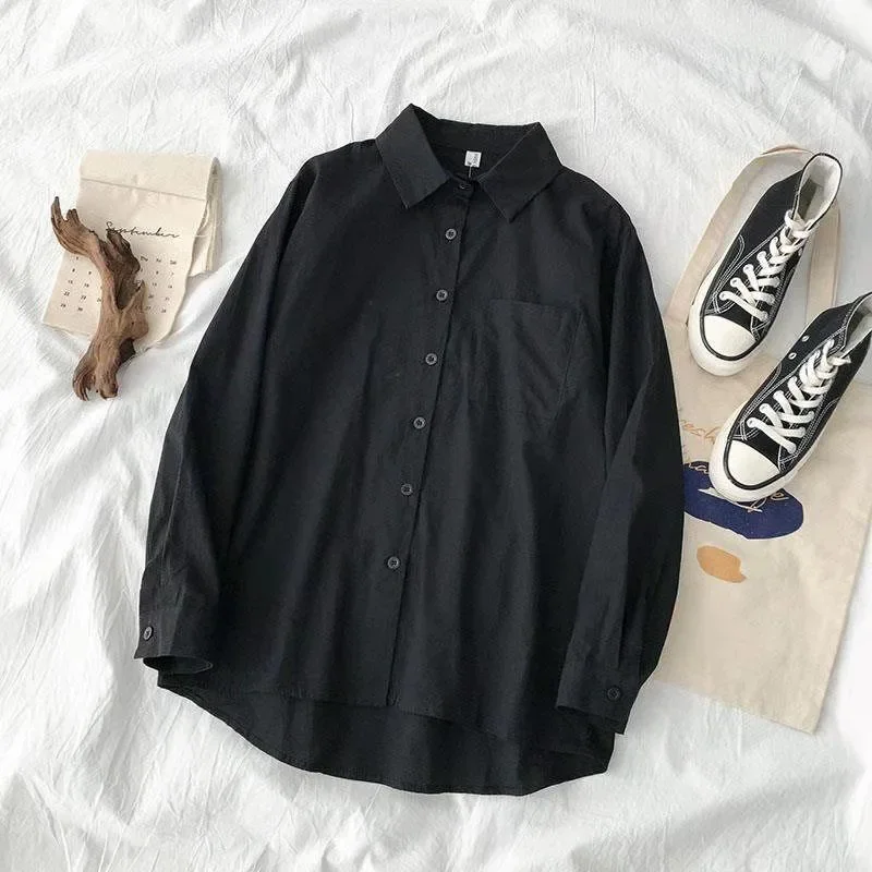 Biała koszula oversize z długim rękawem — japoński styl preppy Czarny