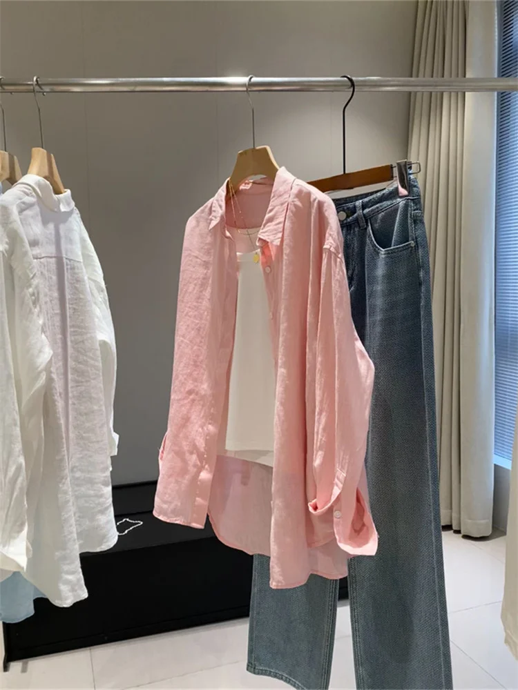 Biała lniana koszula oversize z długim rękawem — elegancka i lekka Różowy