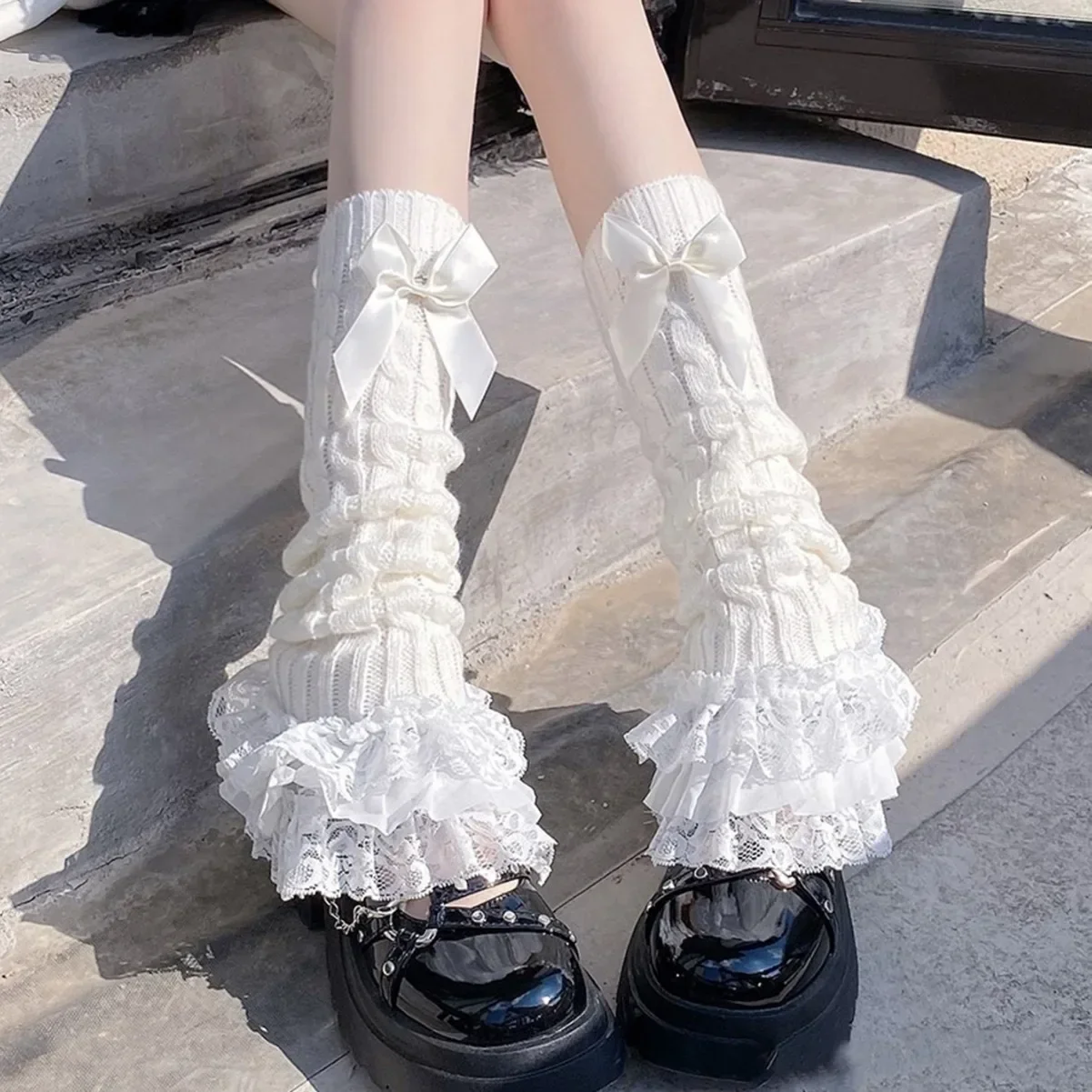 Białe koronkowe getry damskie Y2K Lolita Tube Biały